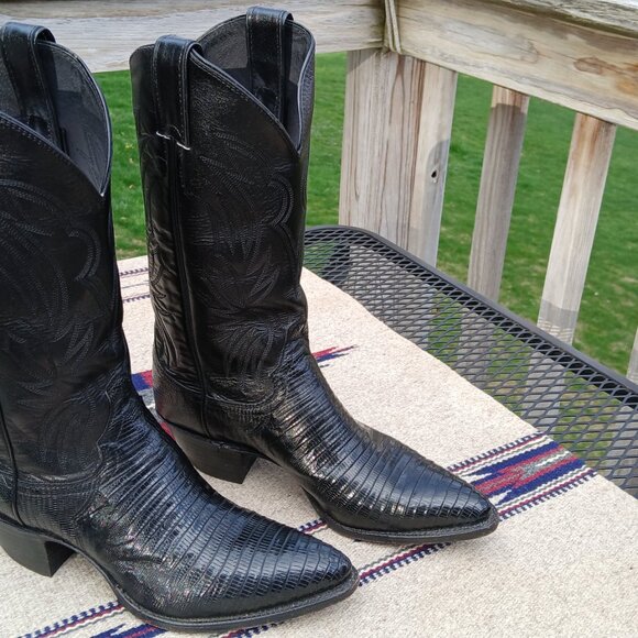 VINTAGE 80's JUSTIN COWBOY BOOTS - BLACK LIZARD/LEATHER - WOMEN'S 7.5 B - L4705 - Picture 3 of 13